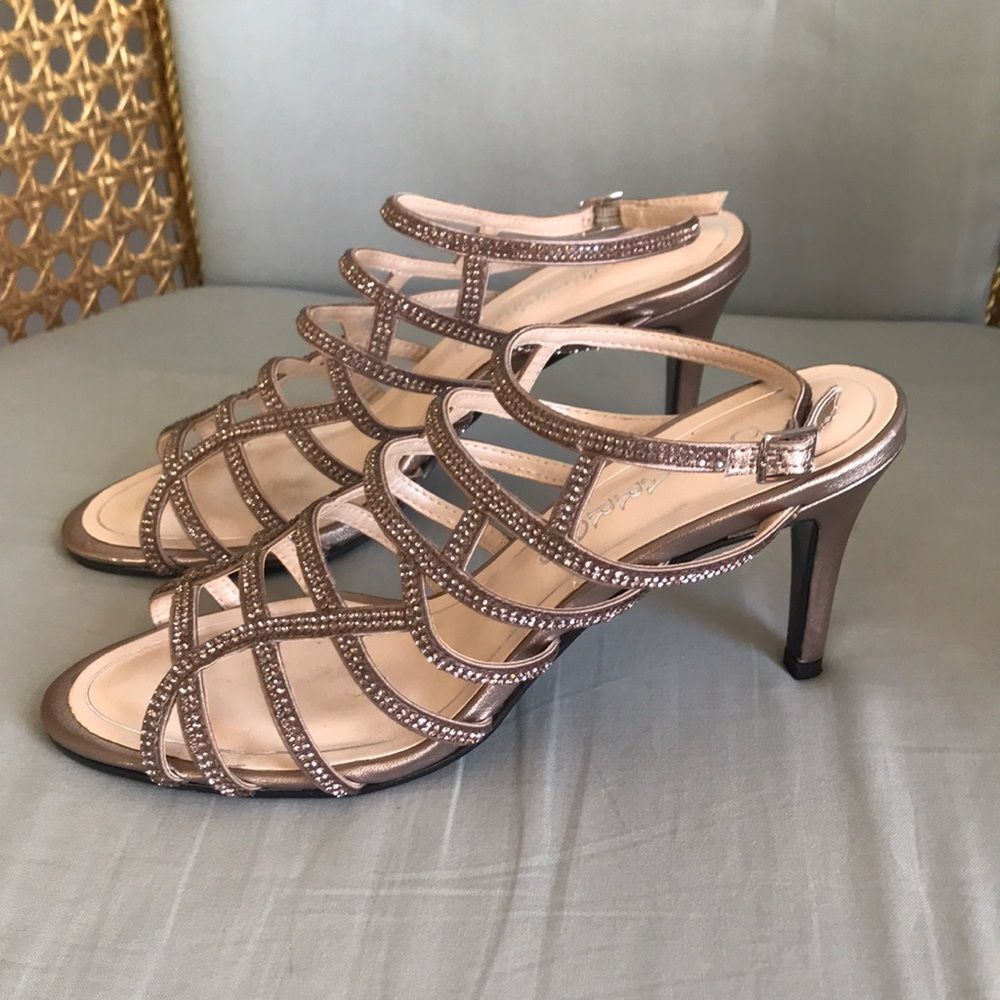 Caparros champagne crystals strappy heels shoes party event new year holidays S7